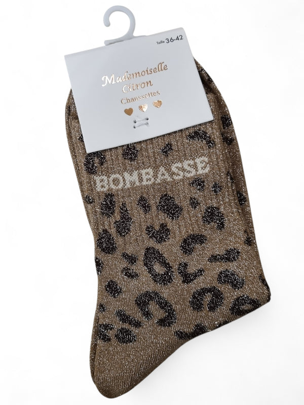Chaussettes pailletées à message BOMBASSE | Marron léopard