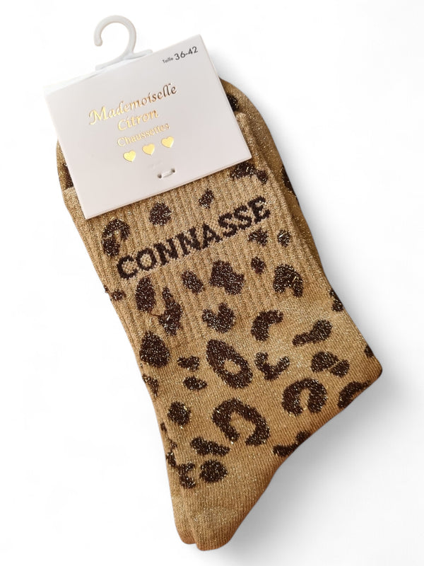 Chaussettes à message CONNASSE | Beige léopard