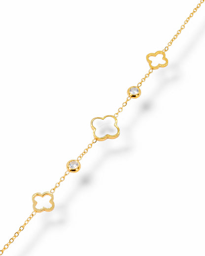 Bracelet trèfle & zircons - doré/nacre