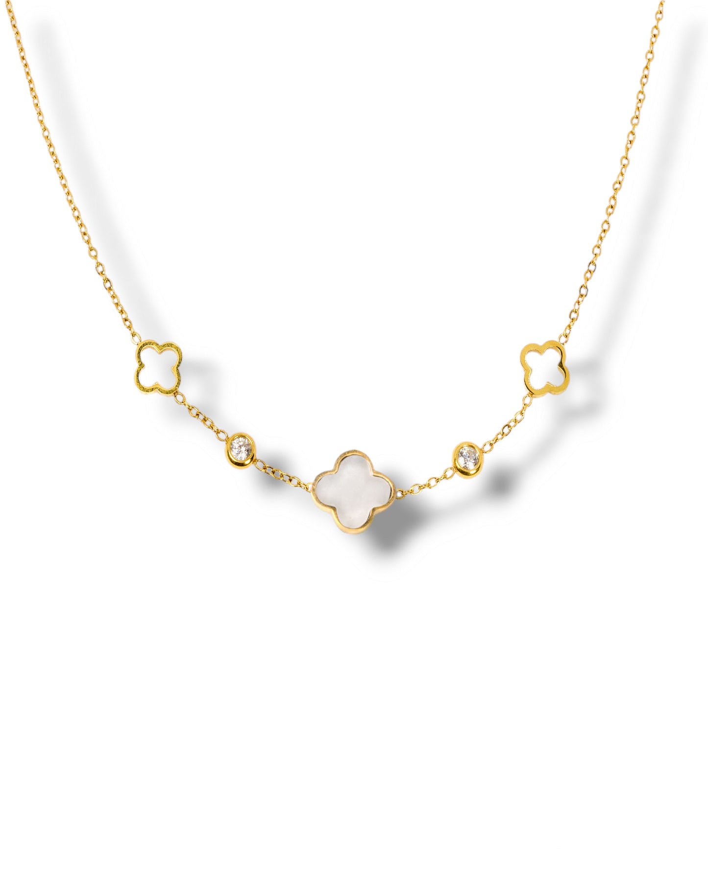 Collier trèfle & zircons - doré/nacre