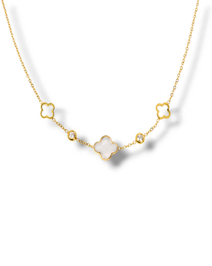 Collier trèfle & zircons - doré/nacre