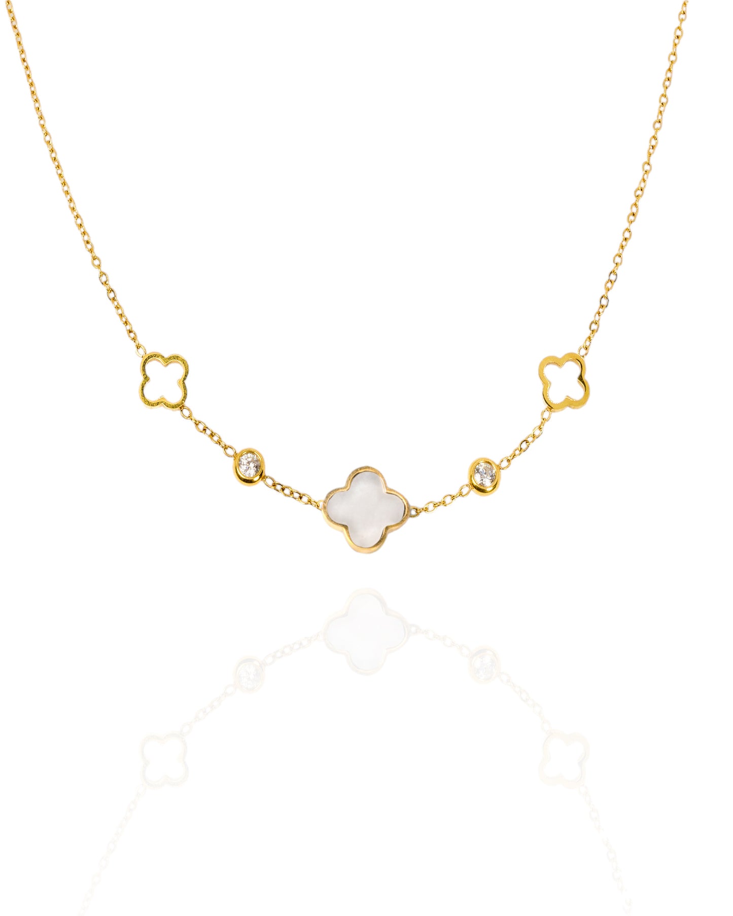 Collier trèfle & zircons - doré/nacre