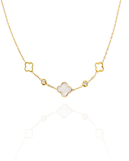 Collier trèfle & zircons - doré/nacre