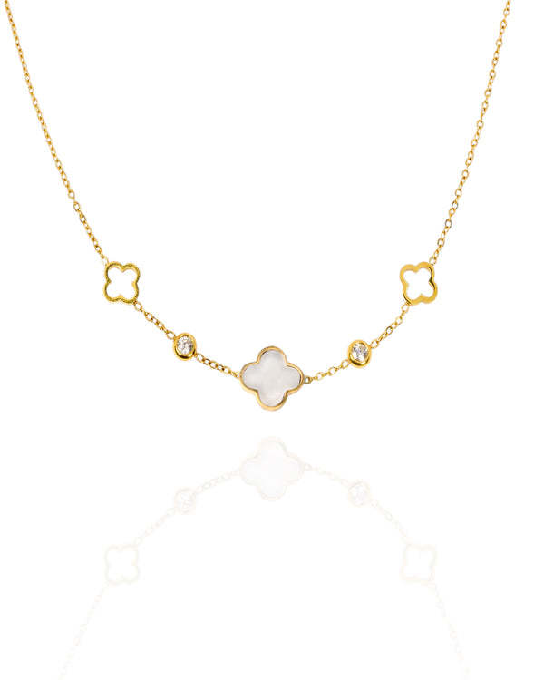 Collier trèfle & zircons - doré/nacre