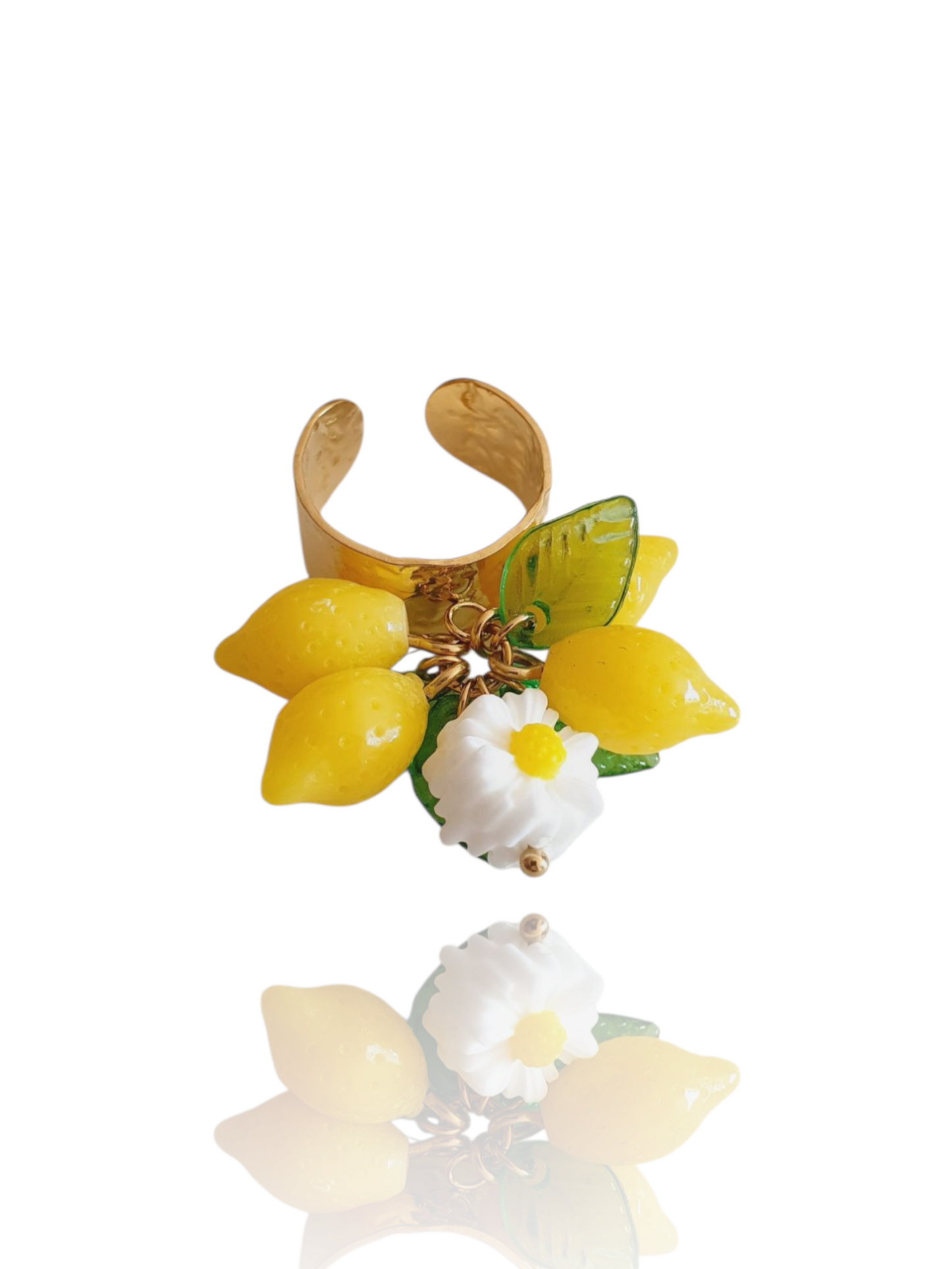Bague breloques citron & fleurs - doré