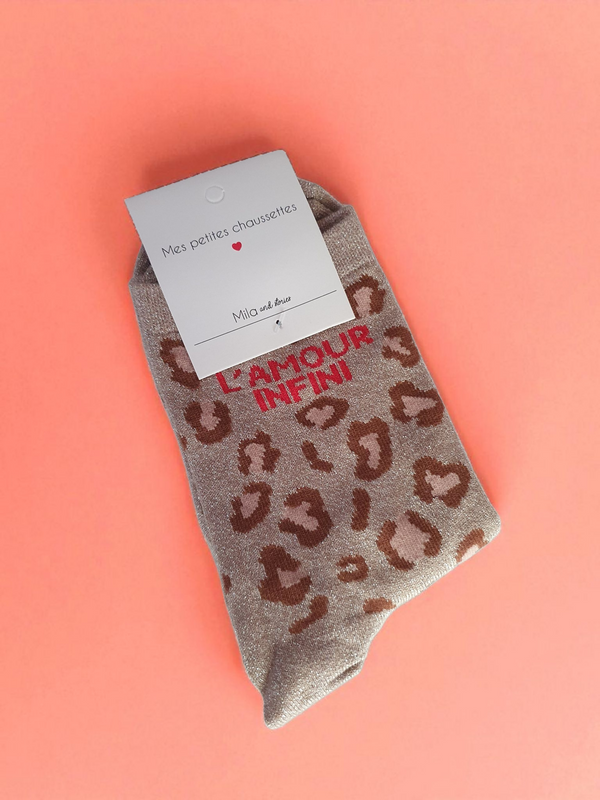 Chaussettes pailletées à message léopard L'AMOUR INFINI | taupe