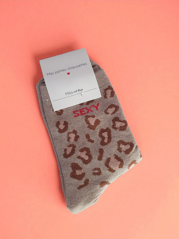 Chaussettes pailletées à message léopard SEXY | taupe