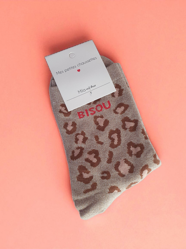 Chaussettes pailletées à message léopard BISOU | taupe