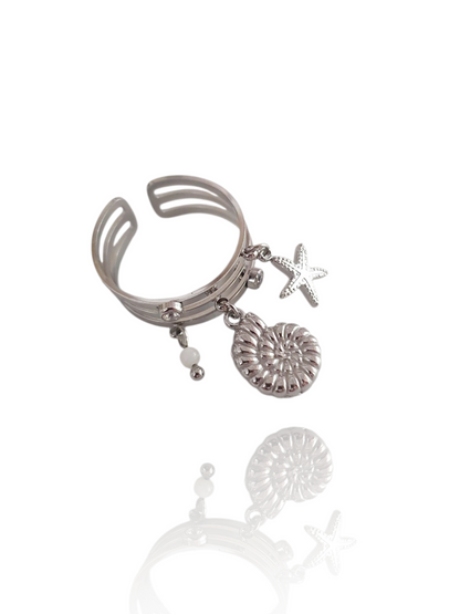 Bague bigorneau, étoile de mer & perle - argenté