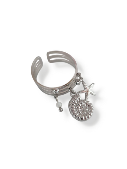 Bague bigorneau, étoile de mer & perle - argenté