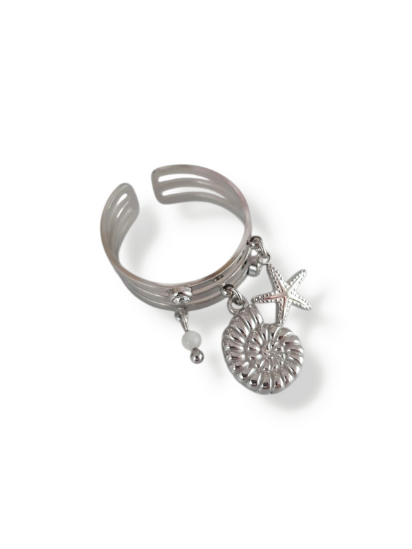 Bague bigorneau, étoile de mer & perle - argenté