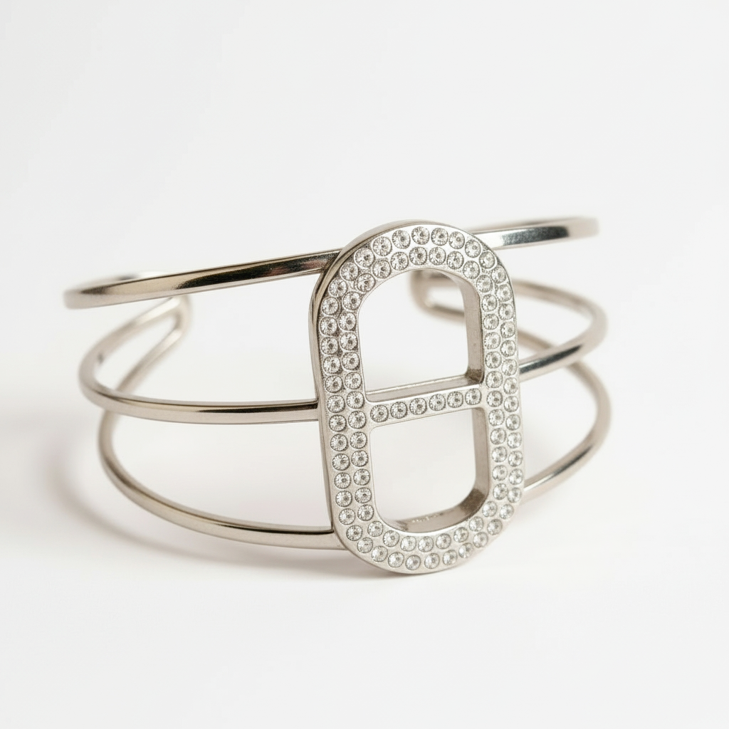 Manchette ouverte maille marine sertie de zircons - argenté