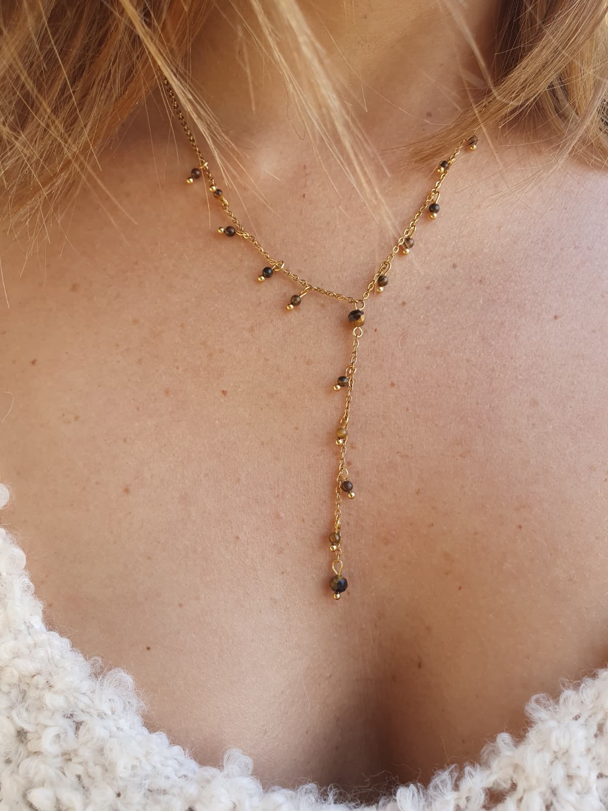 Sautoir petites perles pierre naturelle  - doré / oeil de tigre