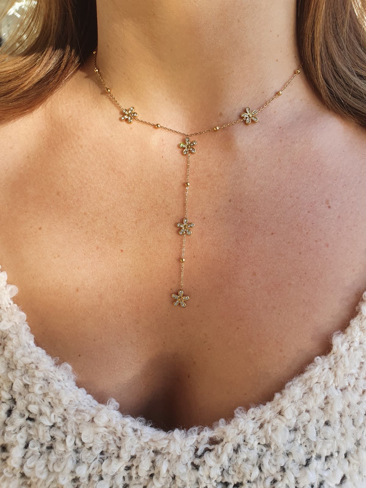 Sautoir fleurs strass - doré