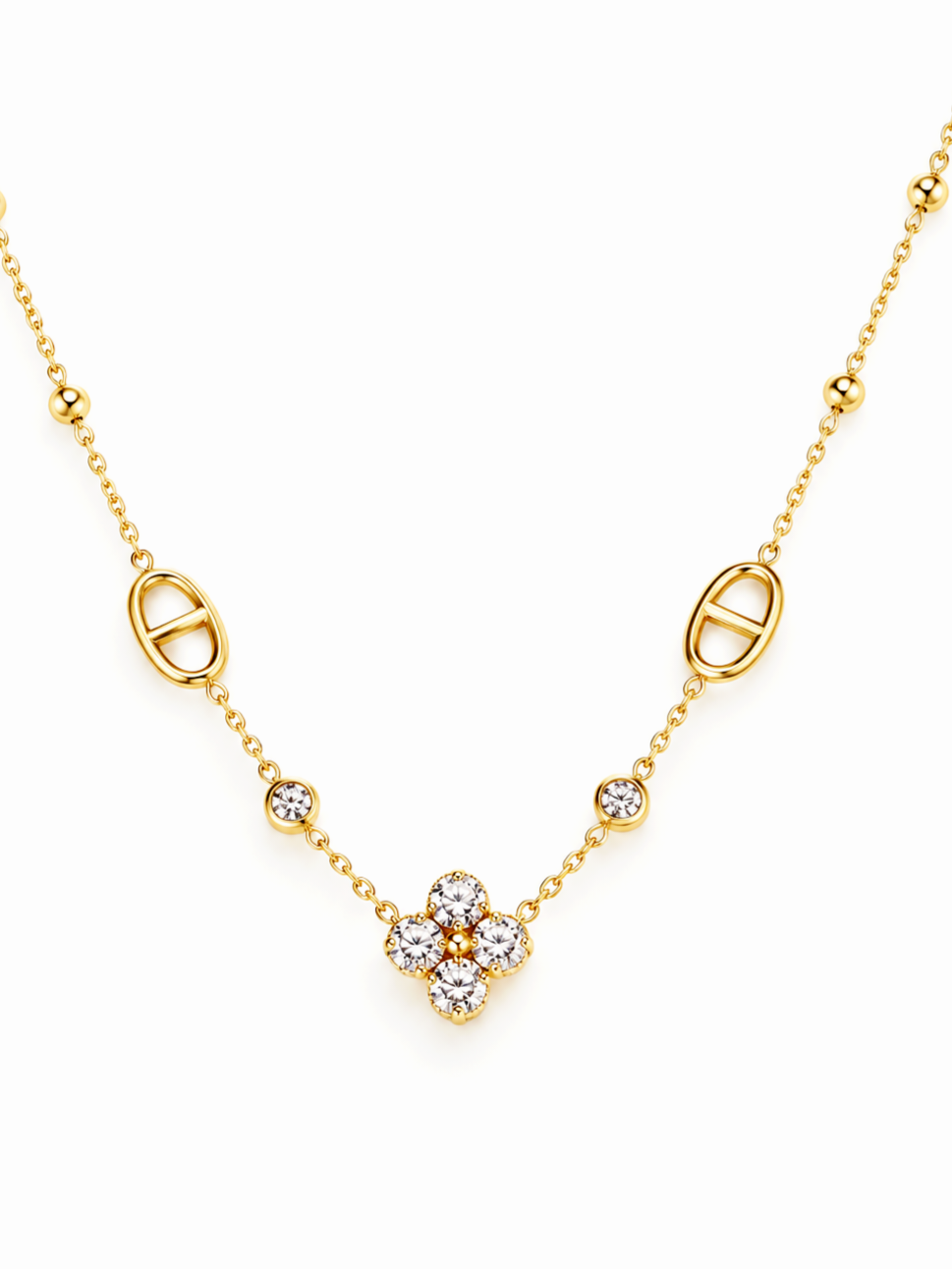 Collier MIRELYA : trèfle de zircons et maillons marins dorés