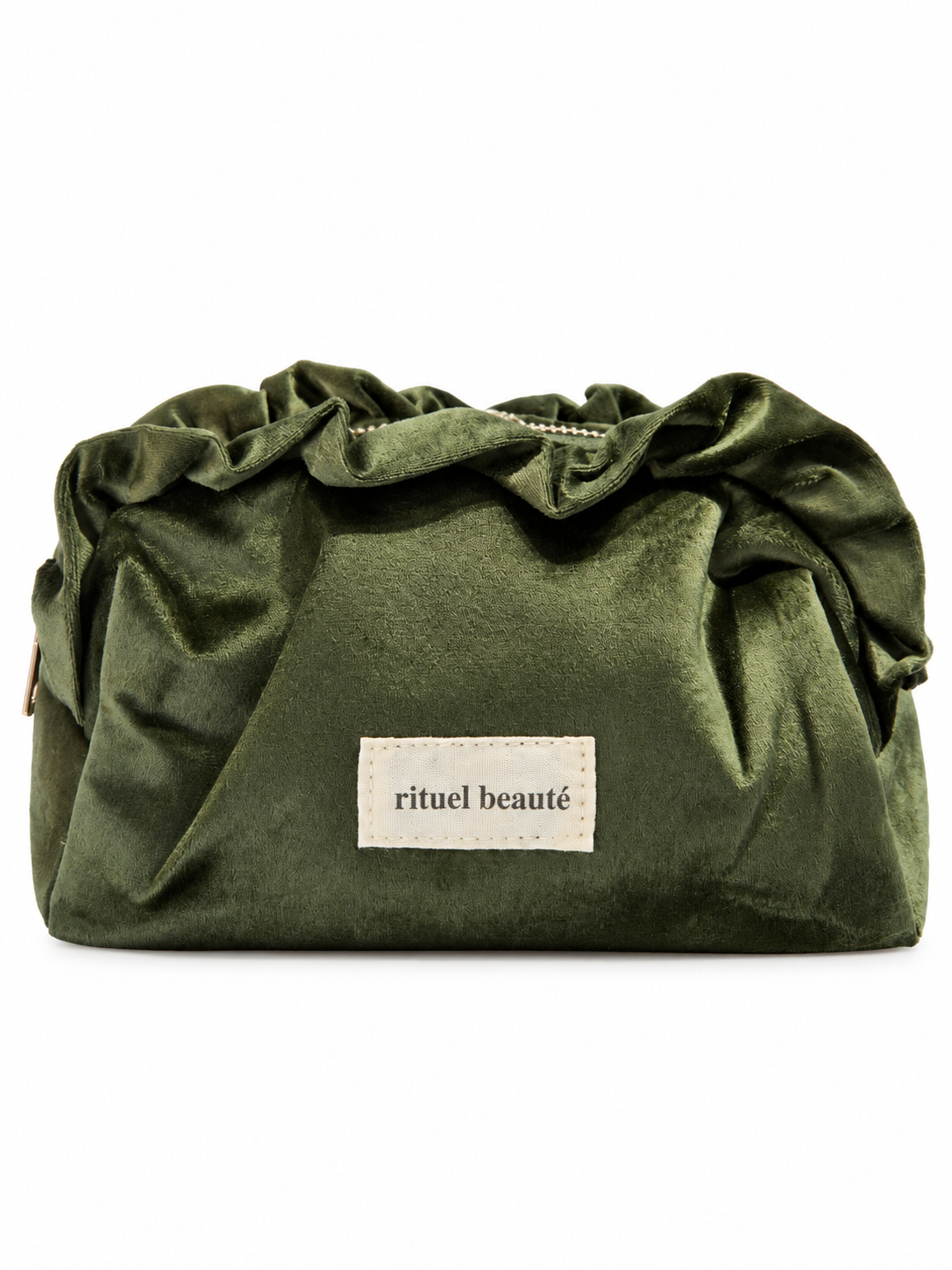 Trousse de beauté velours chocolat à volants avec zip doré, vue de côté