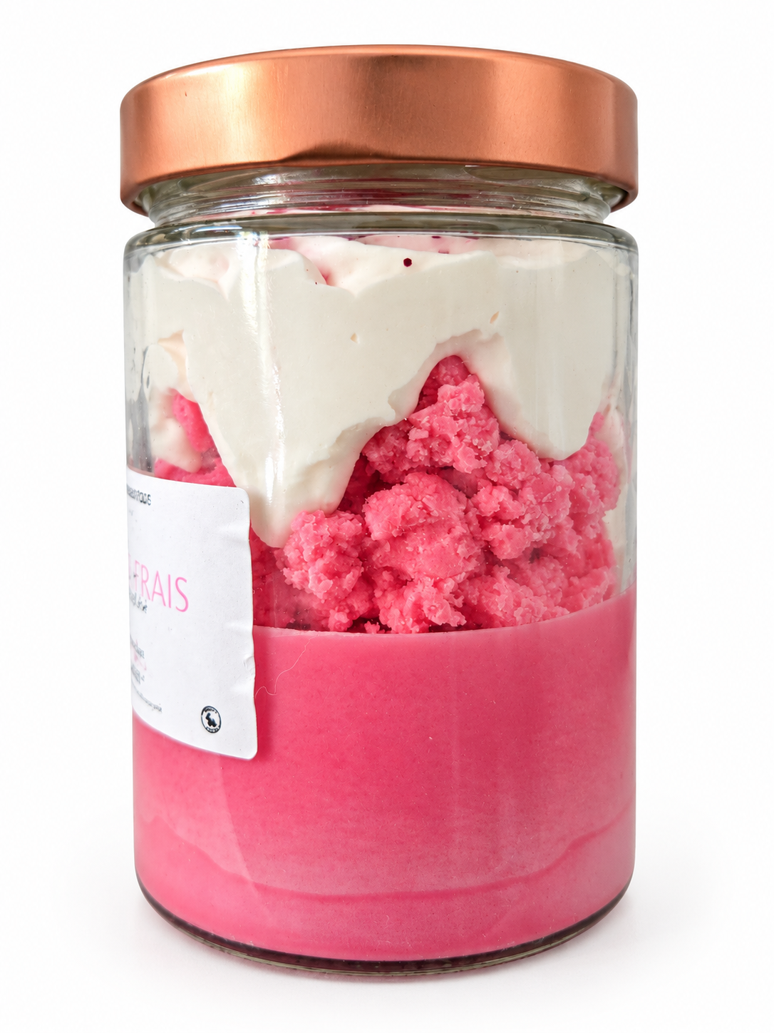 Bougie gourmande Linge frais vue de côté, couches de cire rose et crème