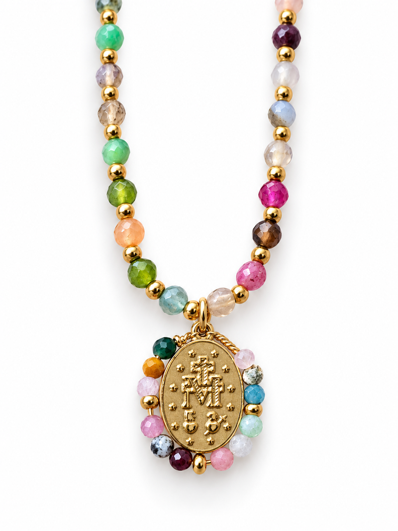 Collier MADONNINA perles multicolores et médaille de la Vierge dorée