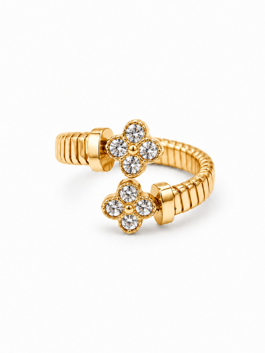 Bague double trèfle zircons acier inoxydable doré