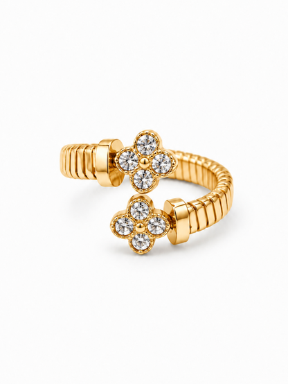 Bague double trèfle zircons acier inoxydable doré