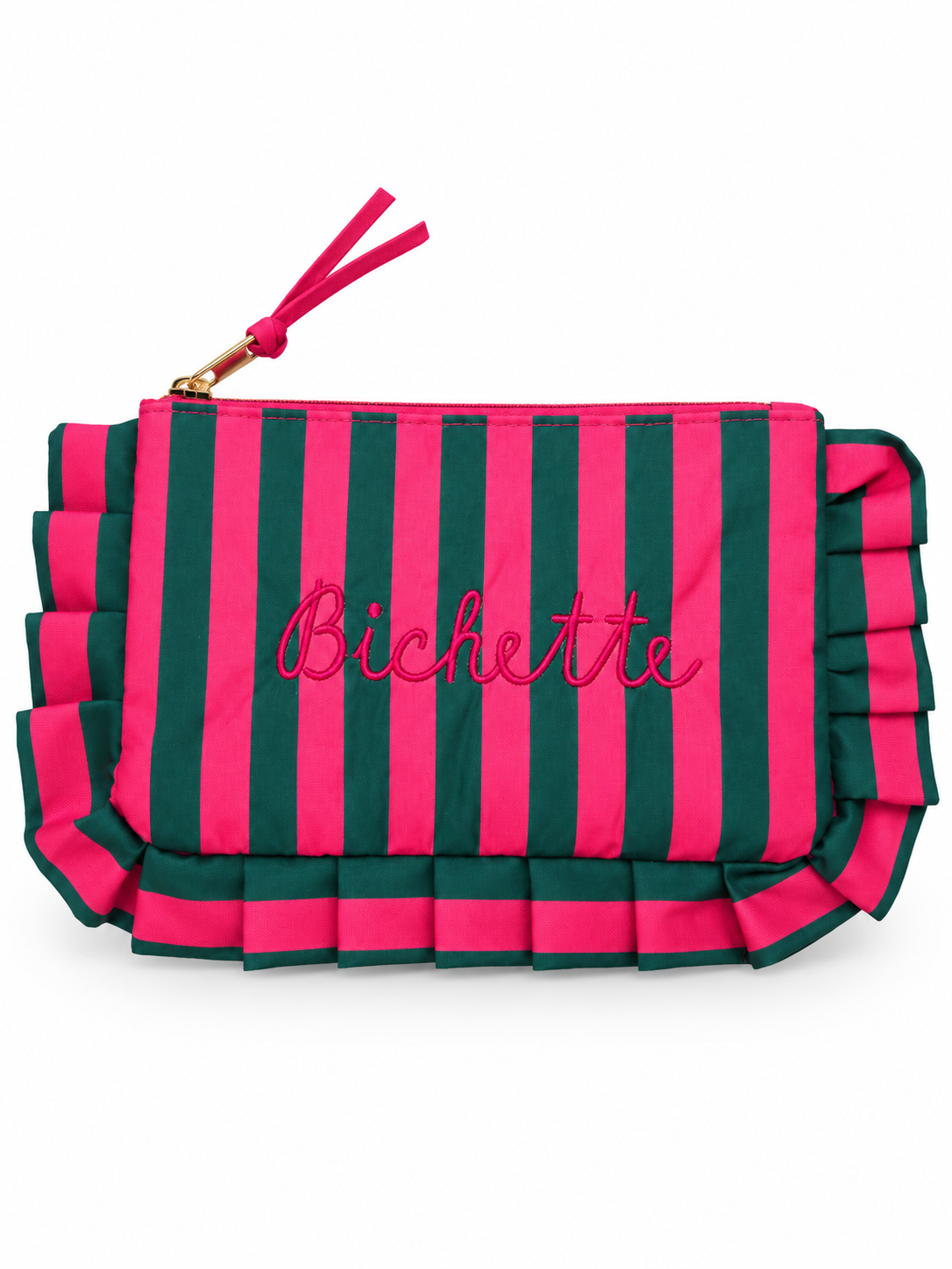 Pochette à rayures fuchsia et vert avec volants et broderie Bichette