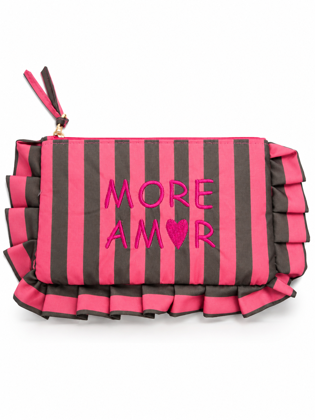 Pochette à rayures rose et marron avec volants, brodée MORE AMOR