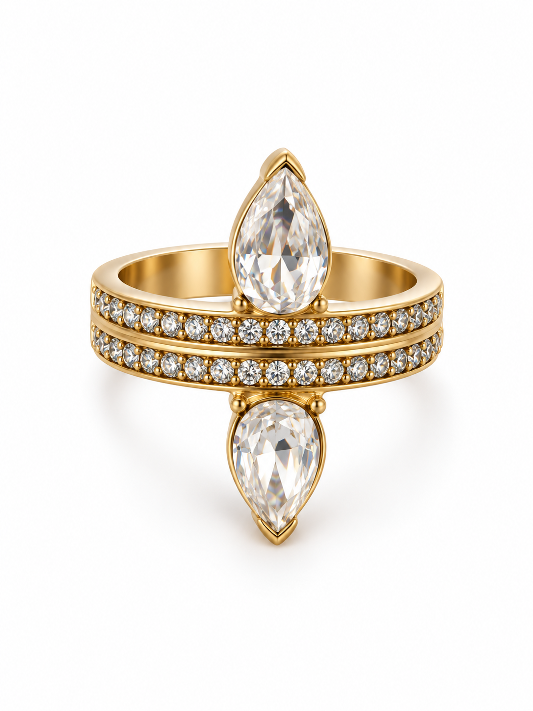 Bague LUMENIA : deux gouttes et deux rangs de zircons