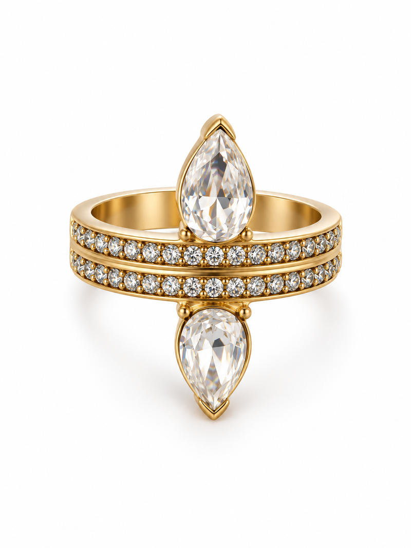 Bague LUMENIA : deux gouttes et deux rangs de zircons