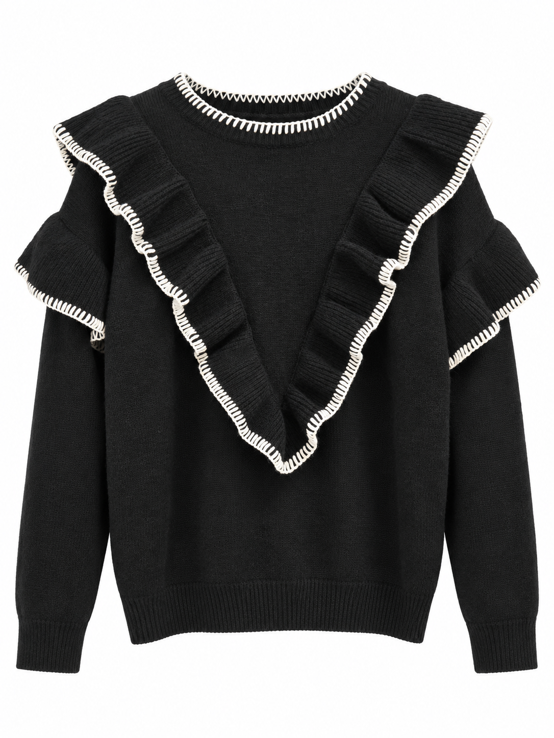 Pull noir à volants en V et surpiqûres blanches
