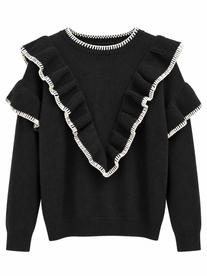 Pull noir à volants en V et surpiqûres blanches
