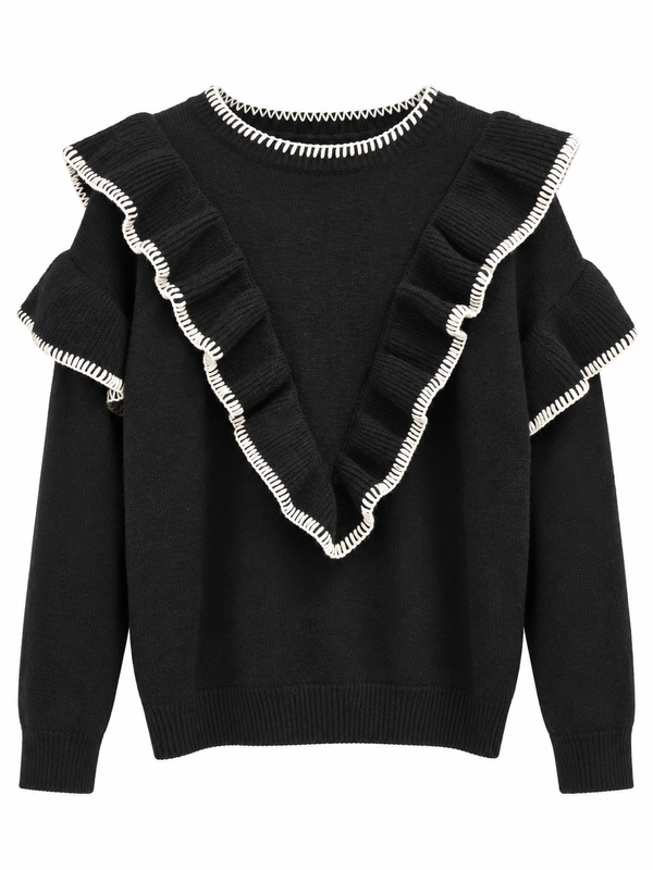 Pull noir à volants en V et surpiqûres blanches