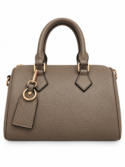 Sac bowling taupe avec étiquette et mousqueton doré