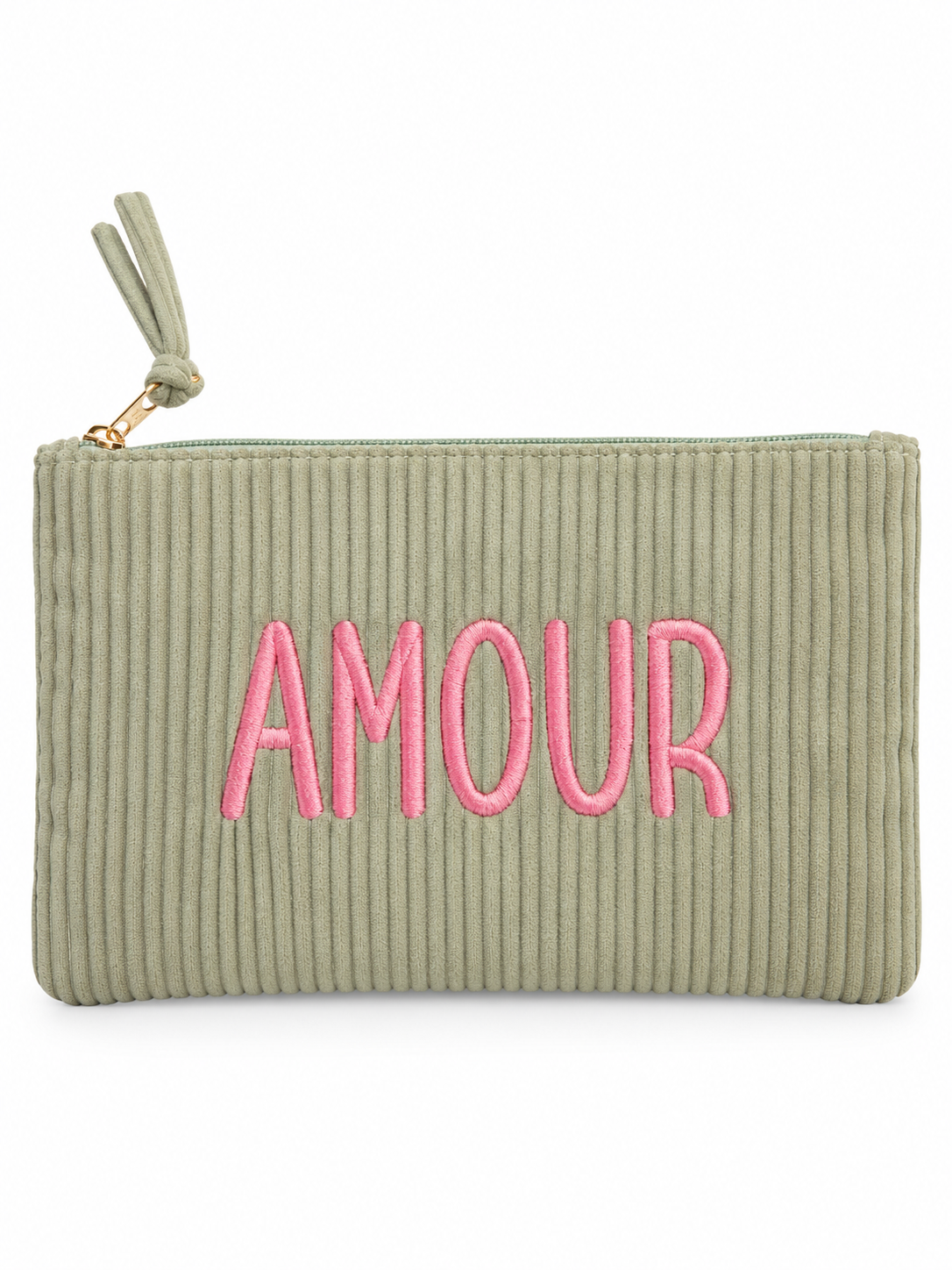 Pochette côtelée kaki brodée AMOUR en rose