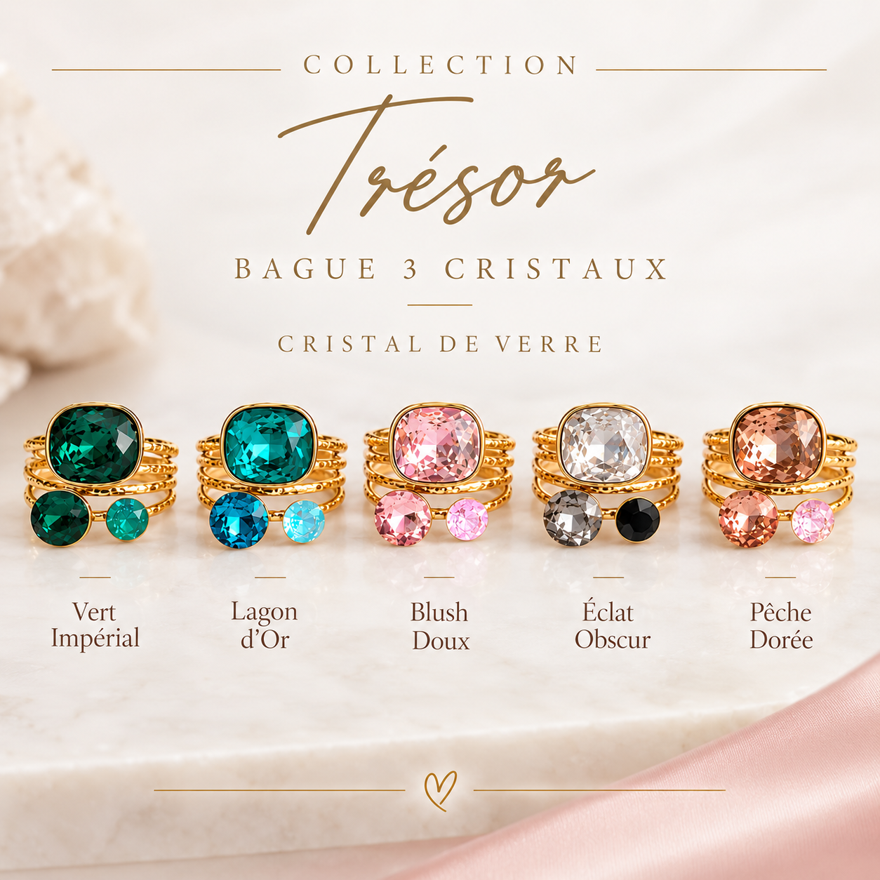 Bague 3 cristaux TRÉSOR - Coloris au choix