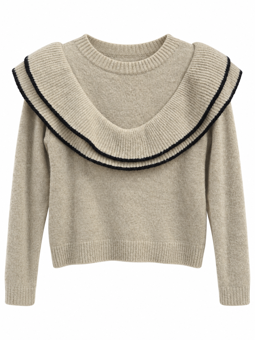 Pull beige à double volant liseré noir
