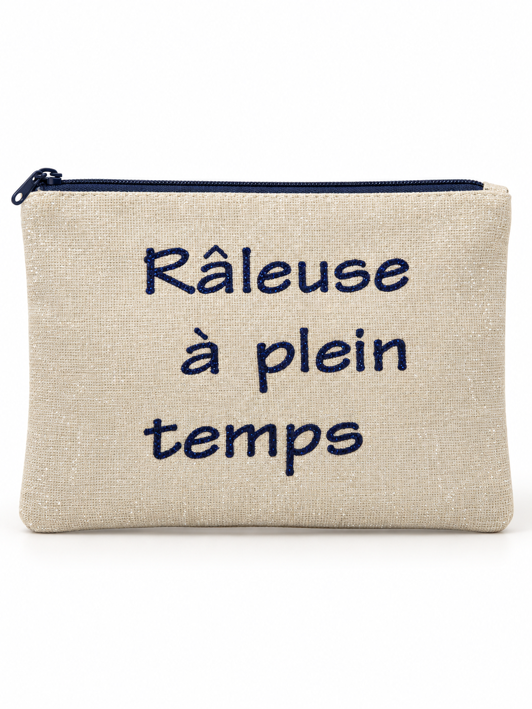 Pochette en lin pailleté message Râleuse à plein temps, broderie bleu marine