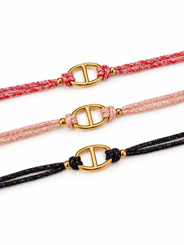 Bracelets cordon ajustables maille marine dorée fuchsia, rose clair et noir