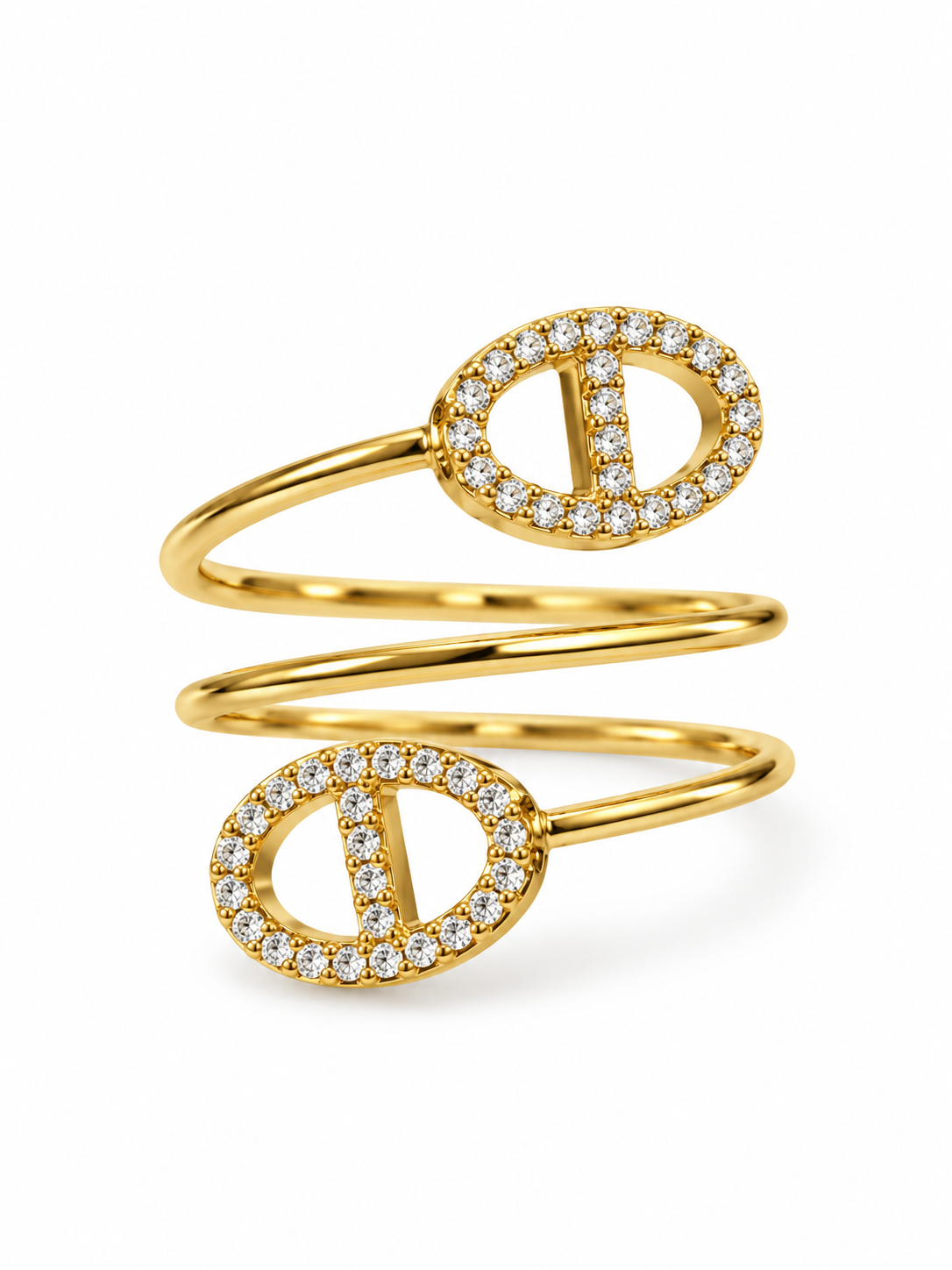 Bague spirale SERPENTE dorée, deux ovales zircons