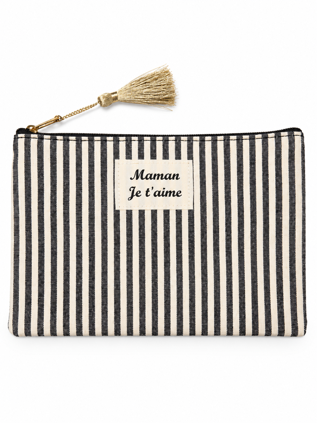 Pochette à rayures noires Maman Je t'aime avec pompon doré