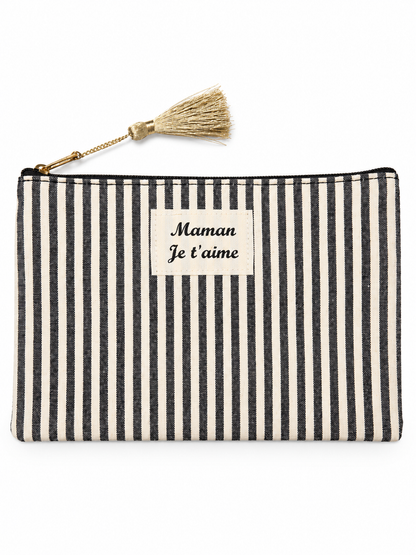Pochette à rayures noires Maman Je t'aime avec pompon doré