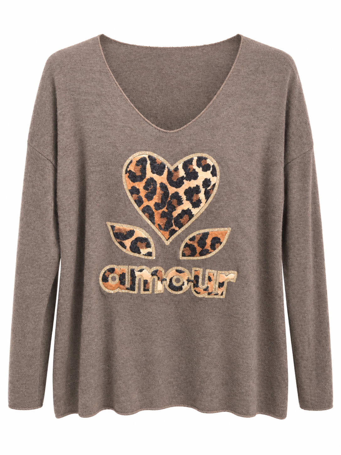 Top taupe col V avec cœur léopard et mot amour en relief