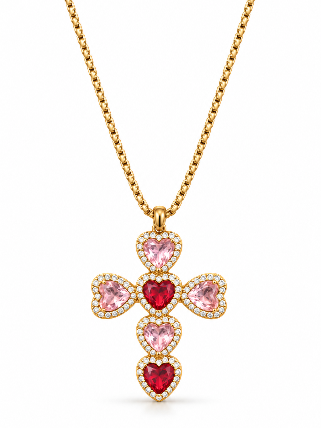 Collier croix cœurs rose acier inoxydable doré