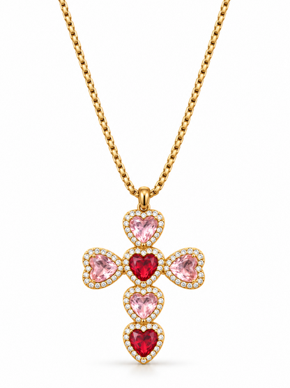 Collier croix cœurs rose acier inoxydable doré