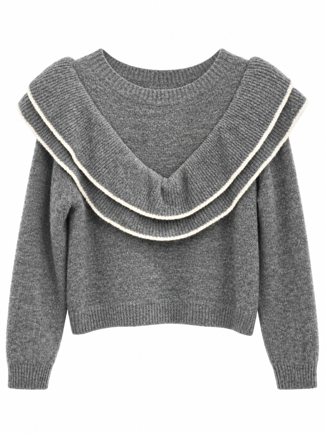 Pull gris chiné à double volant liseré blanc