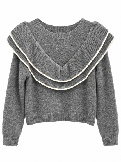 Pull gris chiné à double volant liseré blanc