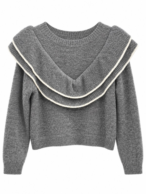 Pull gris chiné à double volant liseré blanc