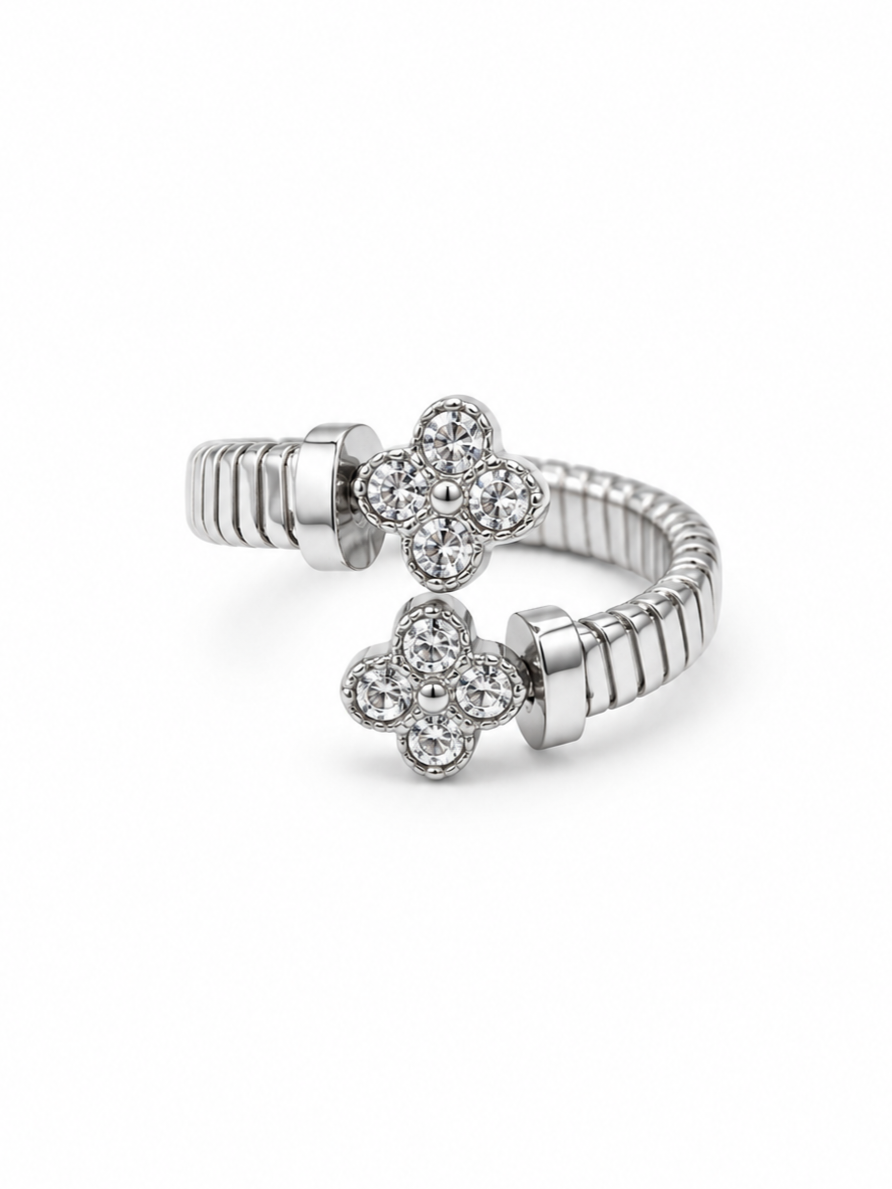 Bague double trèfle zircons acier inoxydable argenté