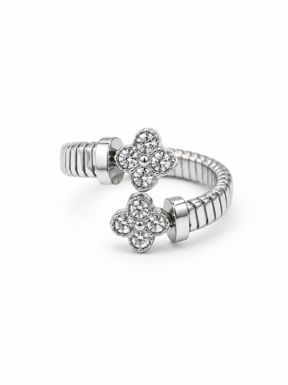 Bague double trèfle zircons acier inoxydable argenté