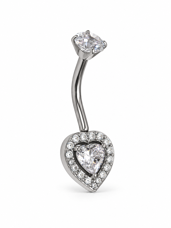 Piercing de nombril argenté cœur et pierres brillantes