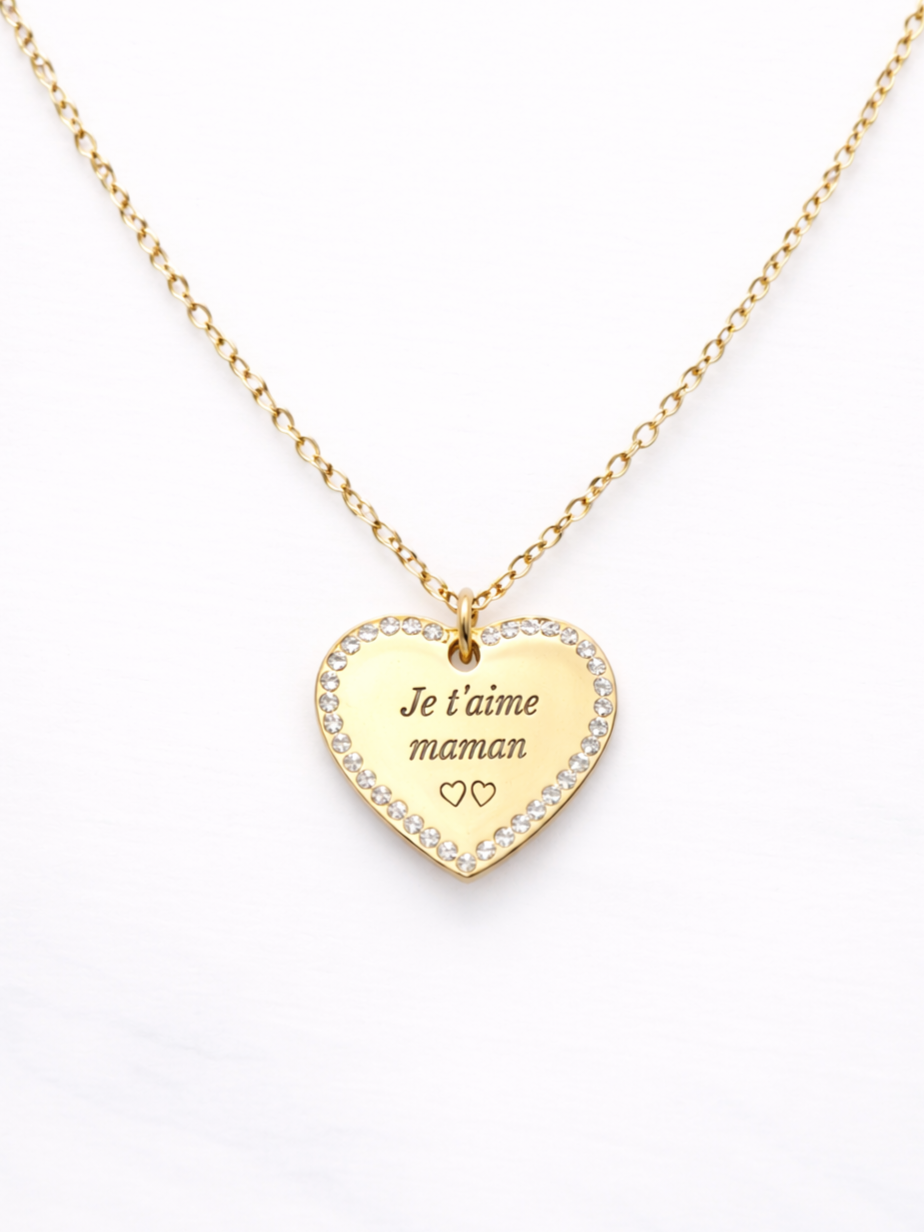 Collier coeur zircons à graver | Coloris au choix